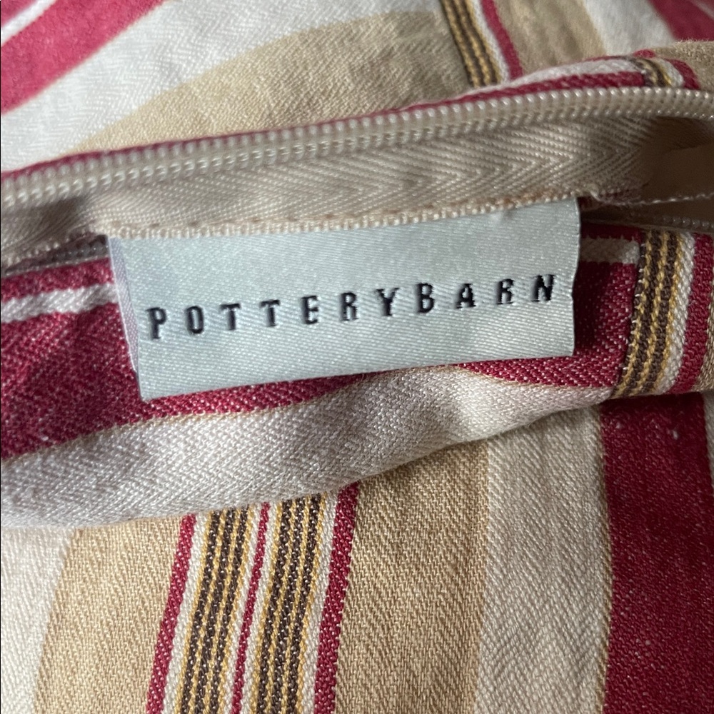 Pottery Barn Red Tan Cream Striped Linen Pillow Covers 18x18 Set of 2 - Picture 3 of 8